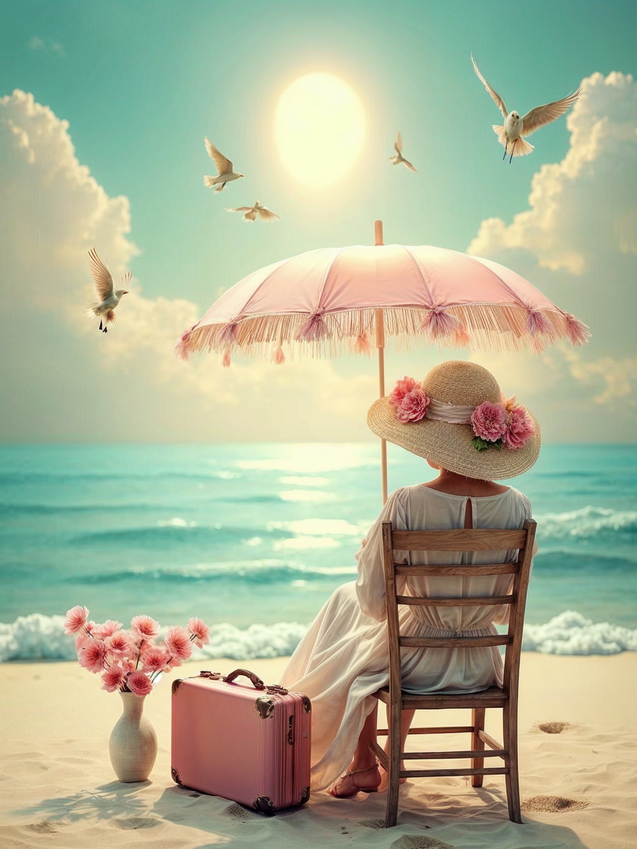 Serene Beach Scene with Woman Under Pink Umbrella