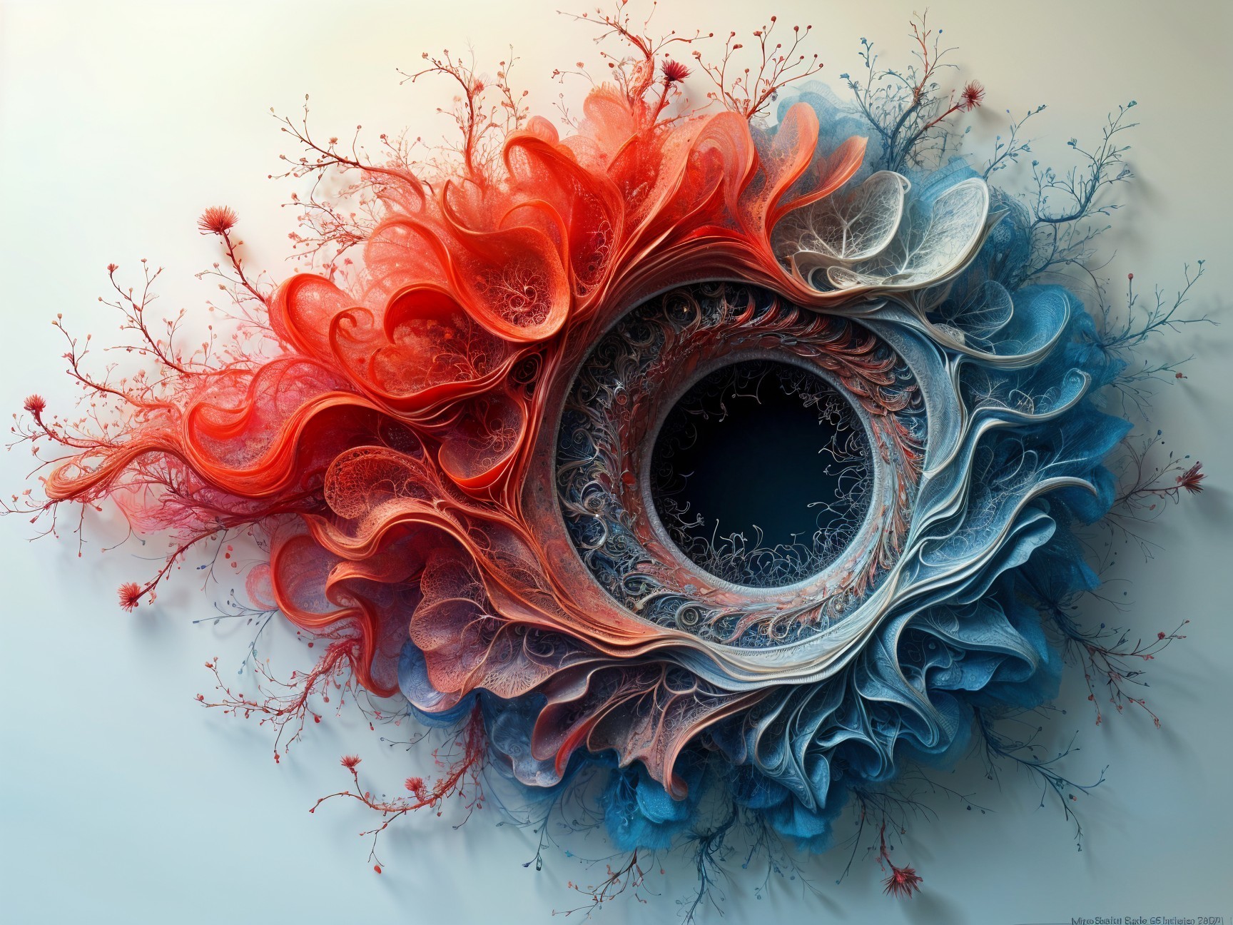 Intricate Abstract Design with Swirling Red and Blue Patterns