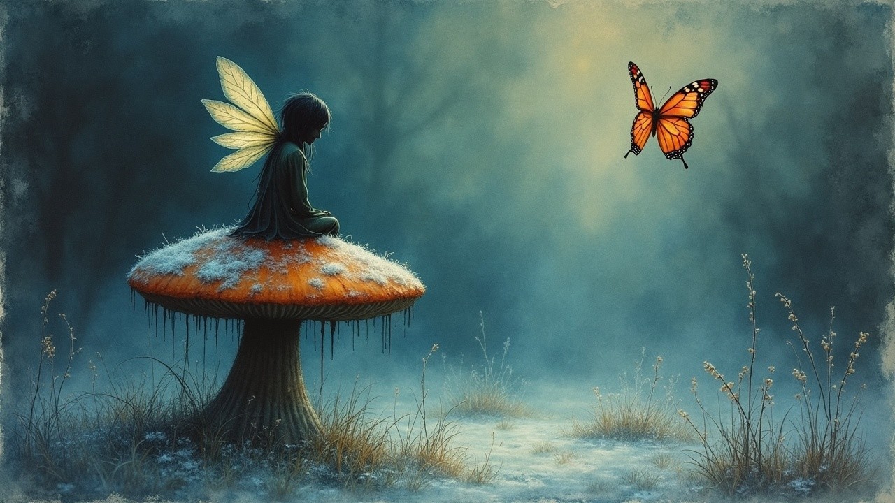 Ethereal Scene of Wings, Mushroom, and Butterfly
