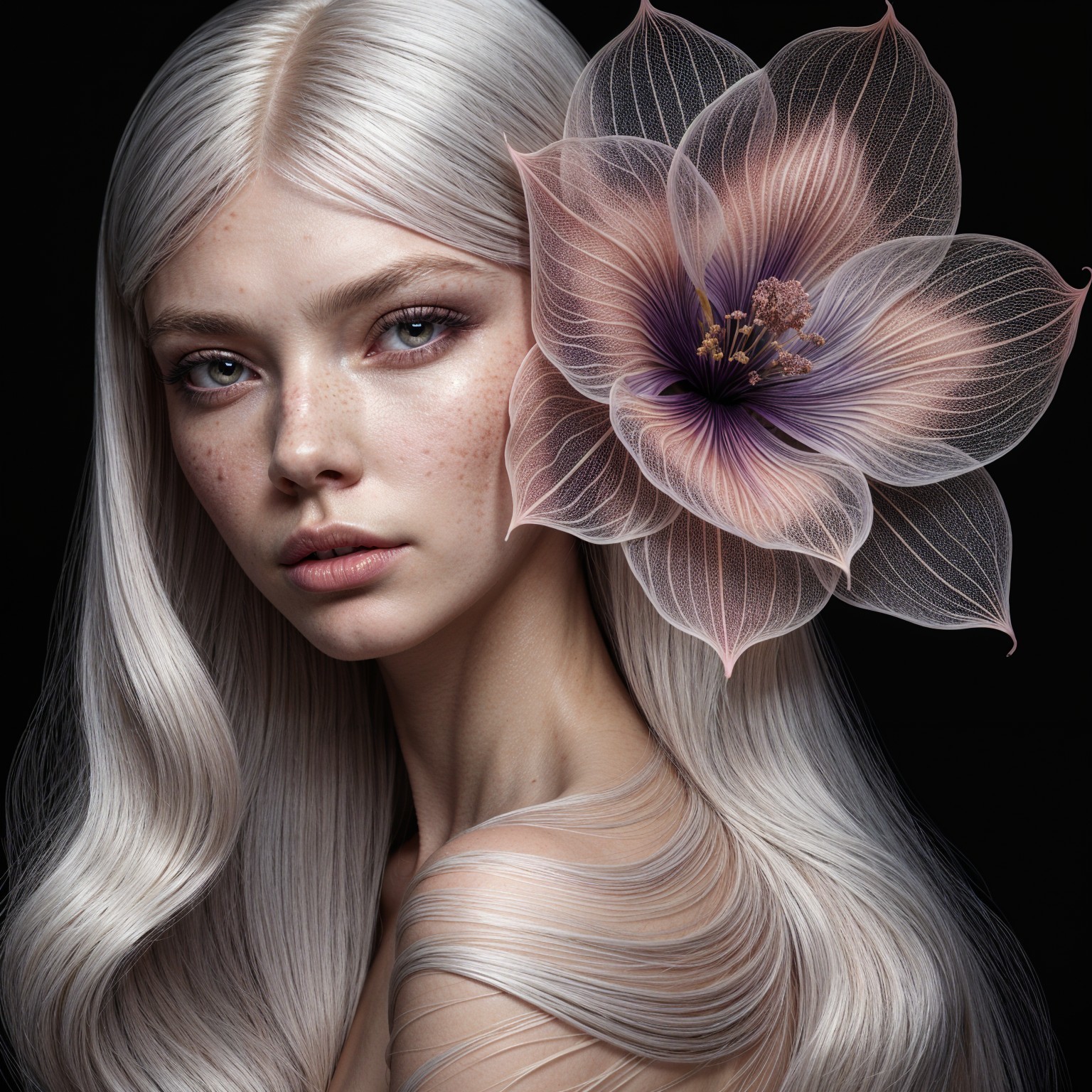 Portrait of a young woman with silver hair and flower
