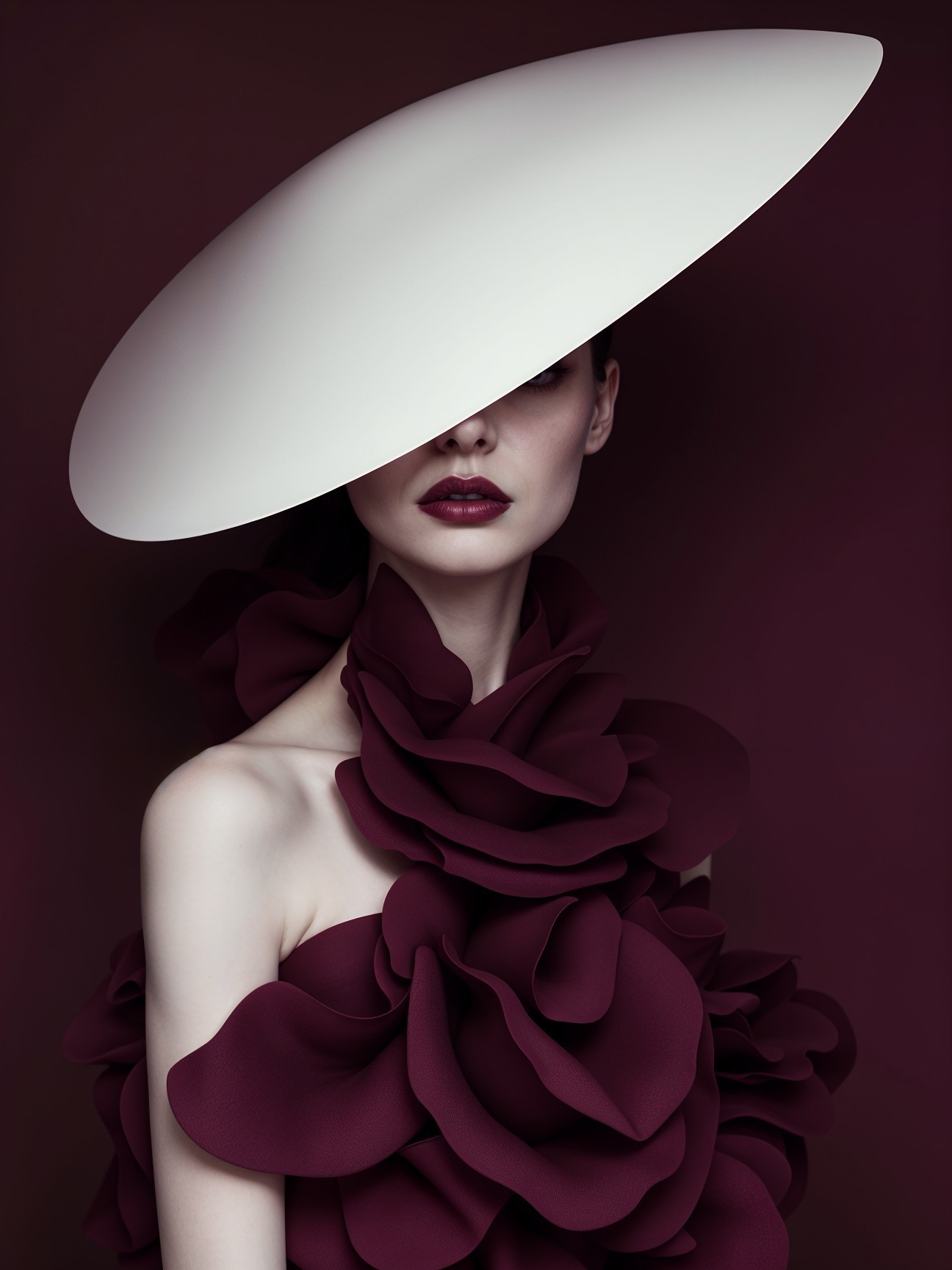 Fashion Portrait with Oversized Hat and Burgundy Dress