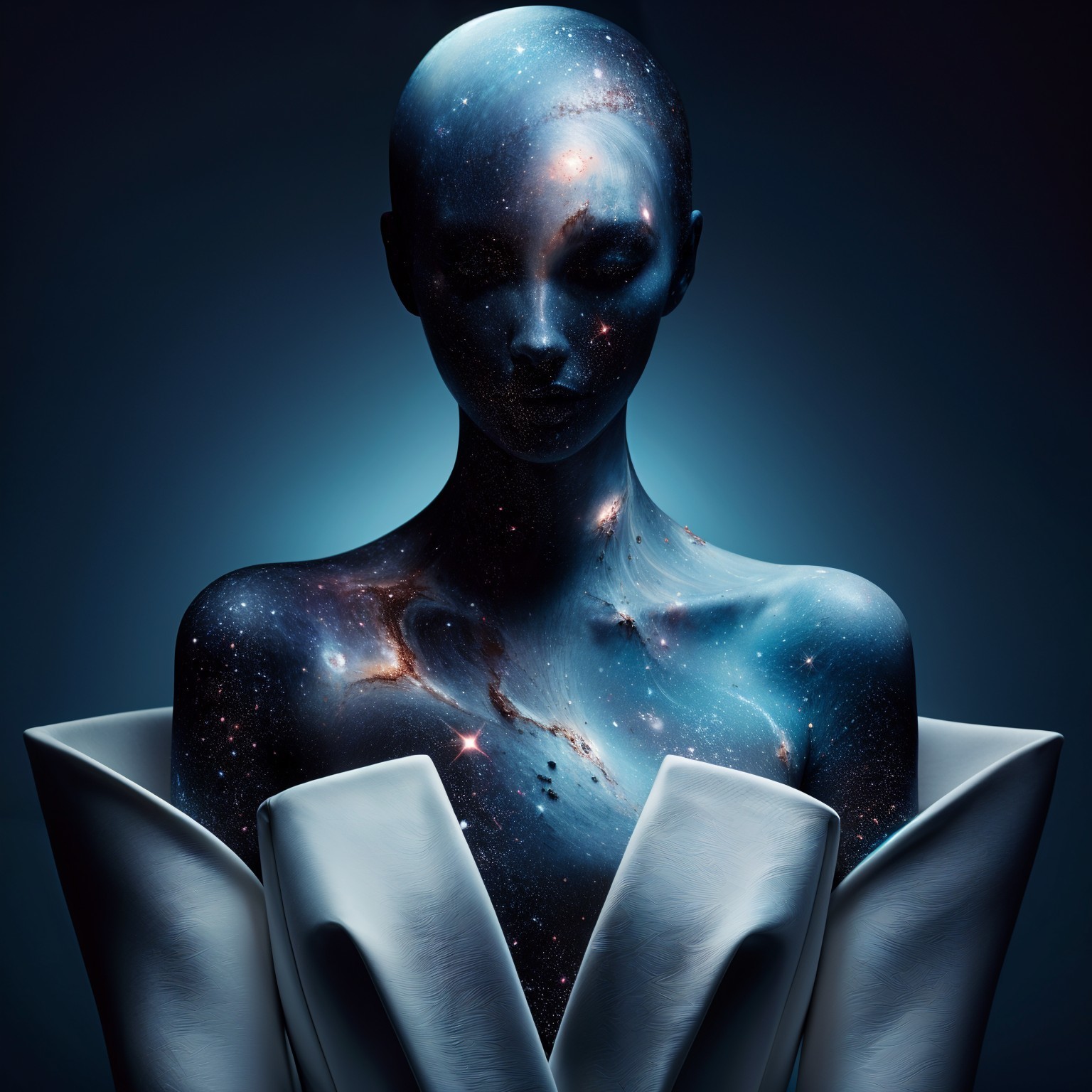 Humanoid Figure with Cosmic Design and Elegant Outfit