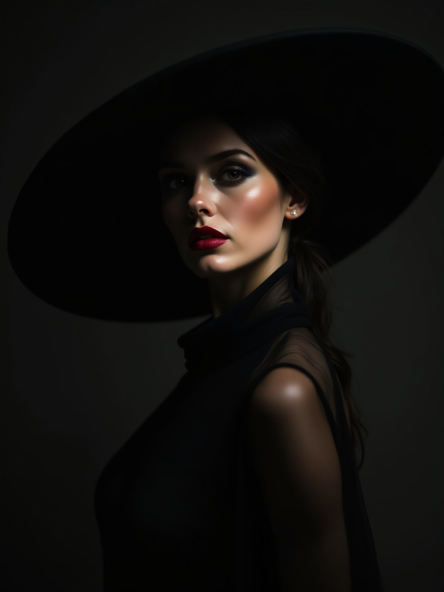 Portrait of a woman in a black hat with dramatic makeup