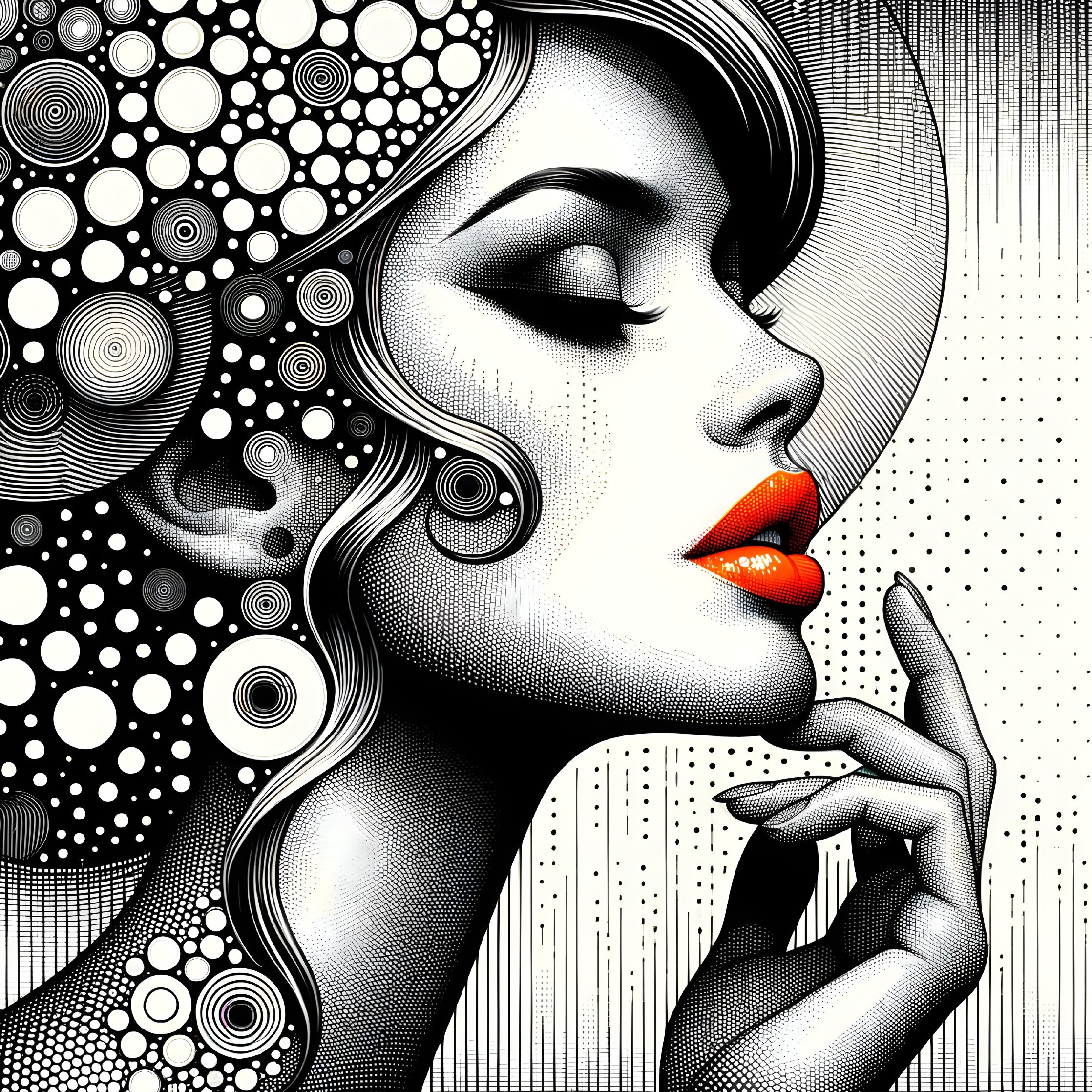 Stylized Profile of a Woman with Orange Lips and Patterns