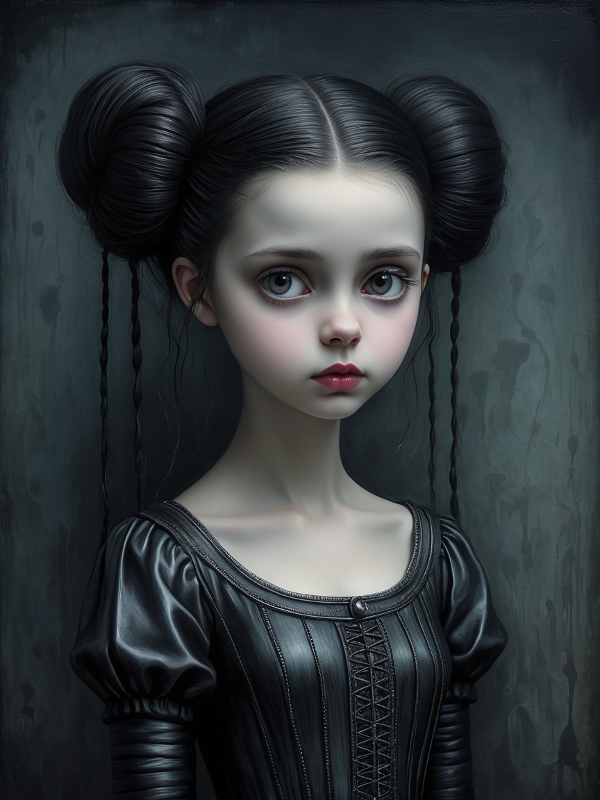 Young girl in elegant black dress against dark background