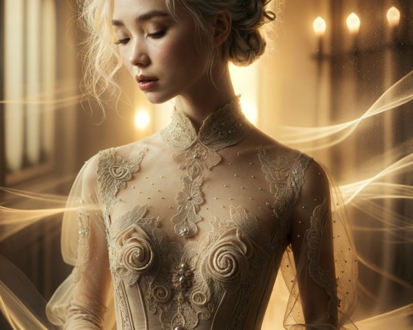 Elegant Young Woman in Intricate Gown in Candlelight