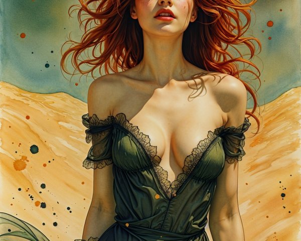 Olive Green Dress and Red Hair Against Colorful Background