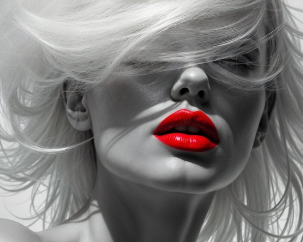 Close-up of Model with Platinum Hair and Red Lips