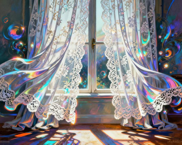 Colorful Ethereal Scene with Lace Curtains and Sunlight