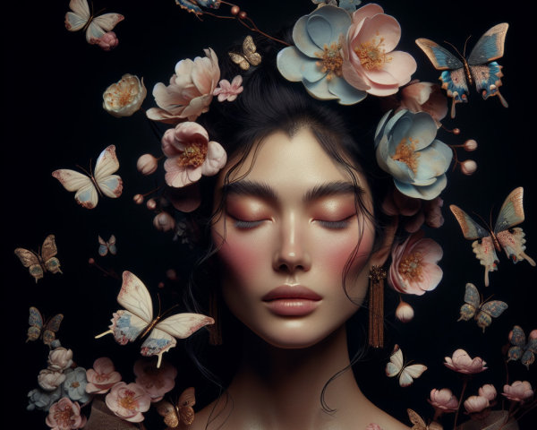 Serene Woman Surrounded by Flowers and Butterflies