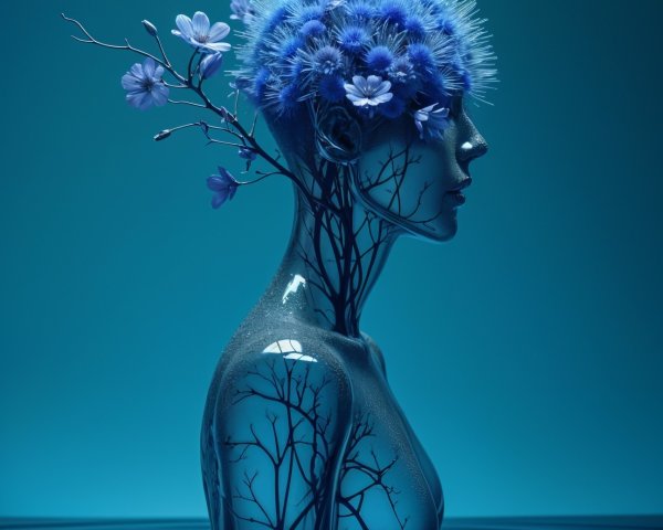 Surreal Humanoid Figure with Floral and Water Elements