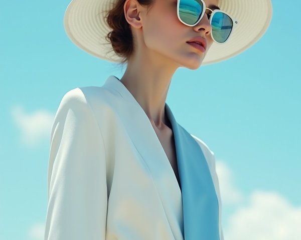 Chic Model in White Blazer Against Blue Sky