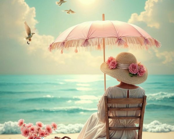 Serene Beach Scene with Woman Under Pink Umbrella