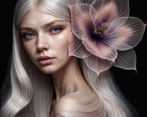 Portrait of a young woman with silver hair and flower