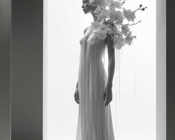 Slim Woman in Ethereal Dress with Floral Embellishments