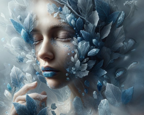Serene figure amidst icy blue leaves and crystals