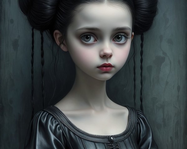 Young girl in elegant black dress against dark background