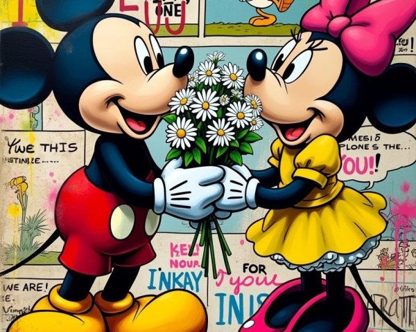 Vibrant Mural of Mickey and Minnie Mouse with Daisies