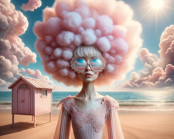 Surreal Beach Scene with Pink Cloud Hairstyle and Hut