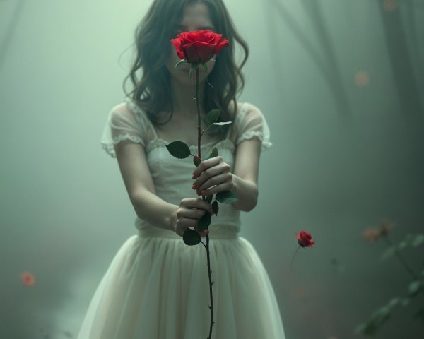 Young Woman in Ethereal Forest with Red Rose