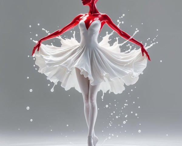 Ballerina in Red Dress Posing on Water Splash