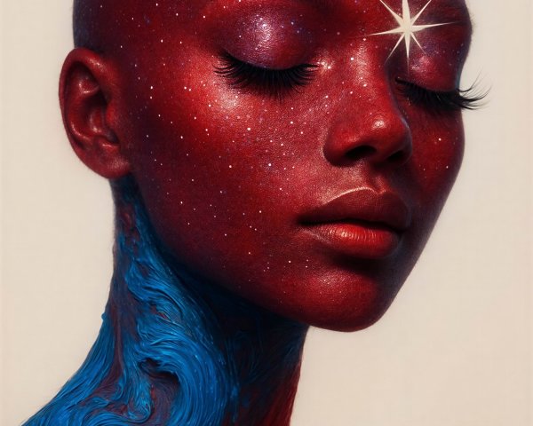 Closeup of a woman with galaxy-inspired skin textures