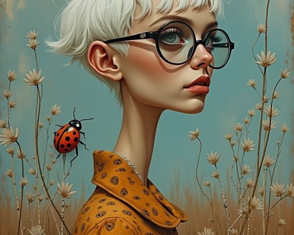 Stylized Young Woman with White Hair and Ladybug