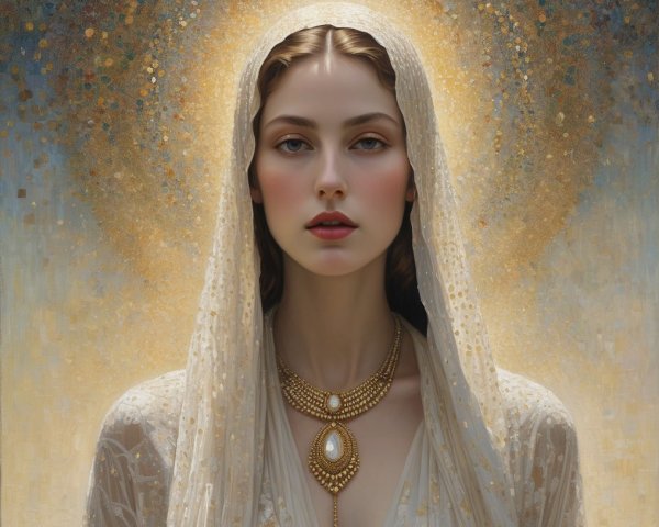 Serene figure in white veil with golden light halo