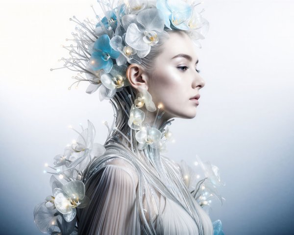 Profile of a Young Woman with Ethereal Floral Attire