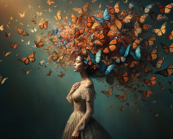 Serene Woman with Hair of Butterflies and Flowers