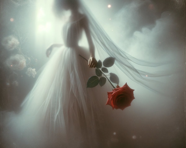 Ethereal Figure in White Gown with Red Rose in Mist