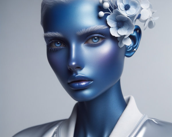 Futuristic Figure with Blue-Toned Face and Silver Jacket