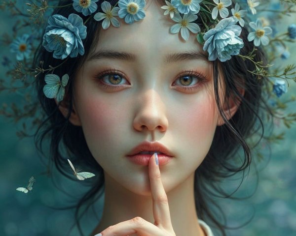 Serene Young Woman with Floral Crown and Butterflies