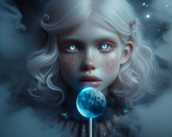 Surreal Scene of a Girl with Silver Hair and Lollipop