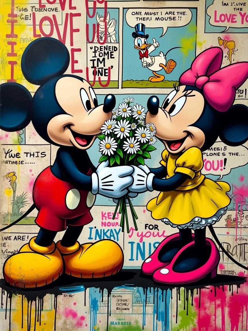 Vibrant Mural of Mickey and Minnie Mouse with Daisies