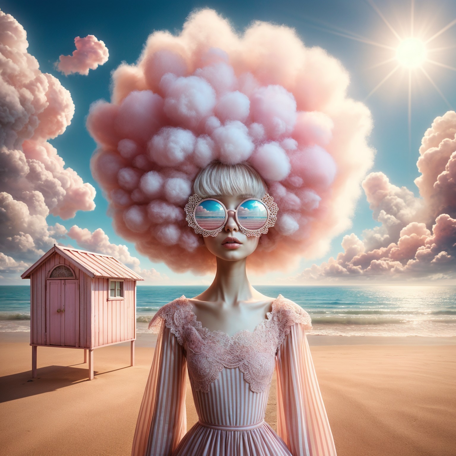 Surreal Beach Scene with Pink Cloud Hairstyle and Hut
