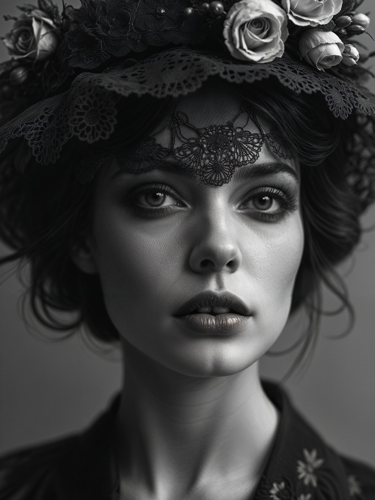 Portrait of a Woman with Floral Crown and Lace Details