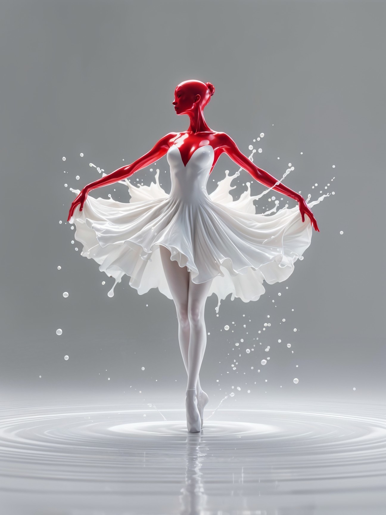Ballerina in Red Dress Posing on Water Splash