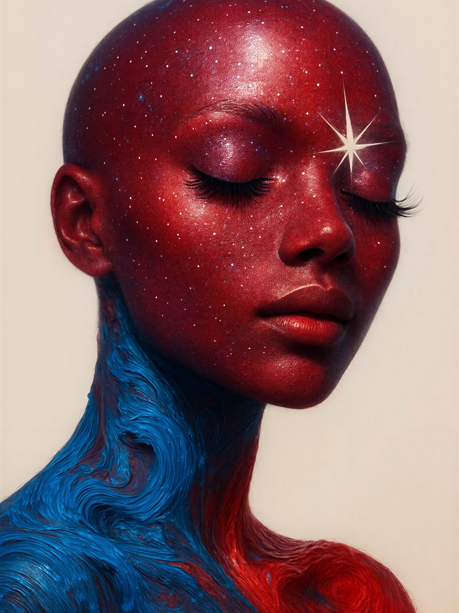 Closeup of a woman with galaxy-inspired skin textures