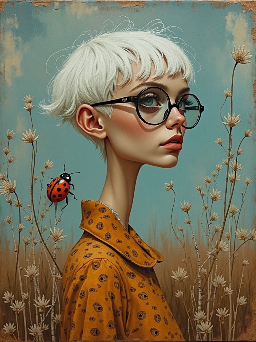 Stylized Young Woman with White Hair and Ladybug