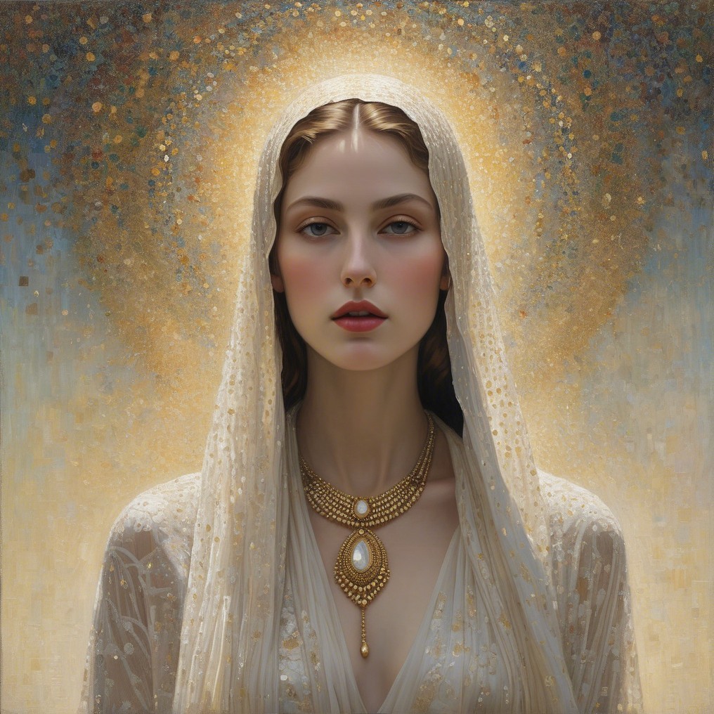 Serene figure in white veil with golden light halo