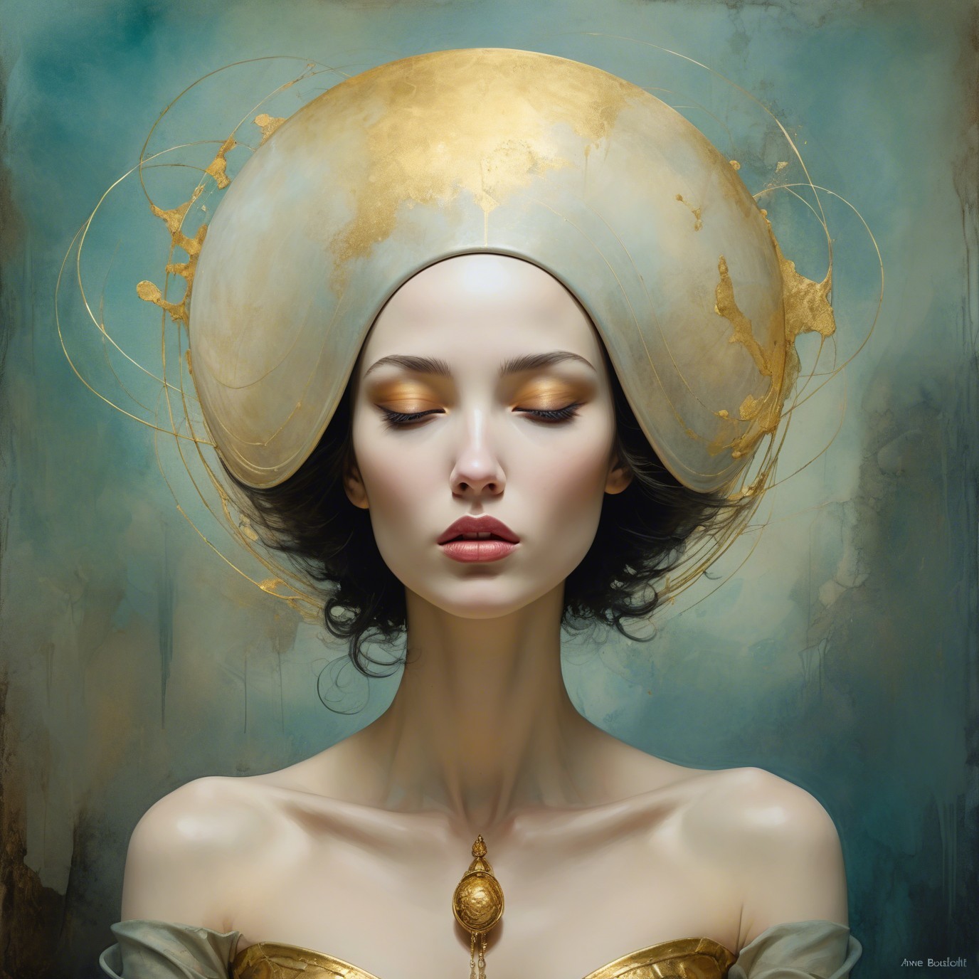 Ethereal Woman with Golden Headpiece in Dreamlike Art