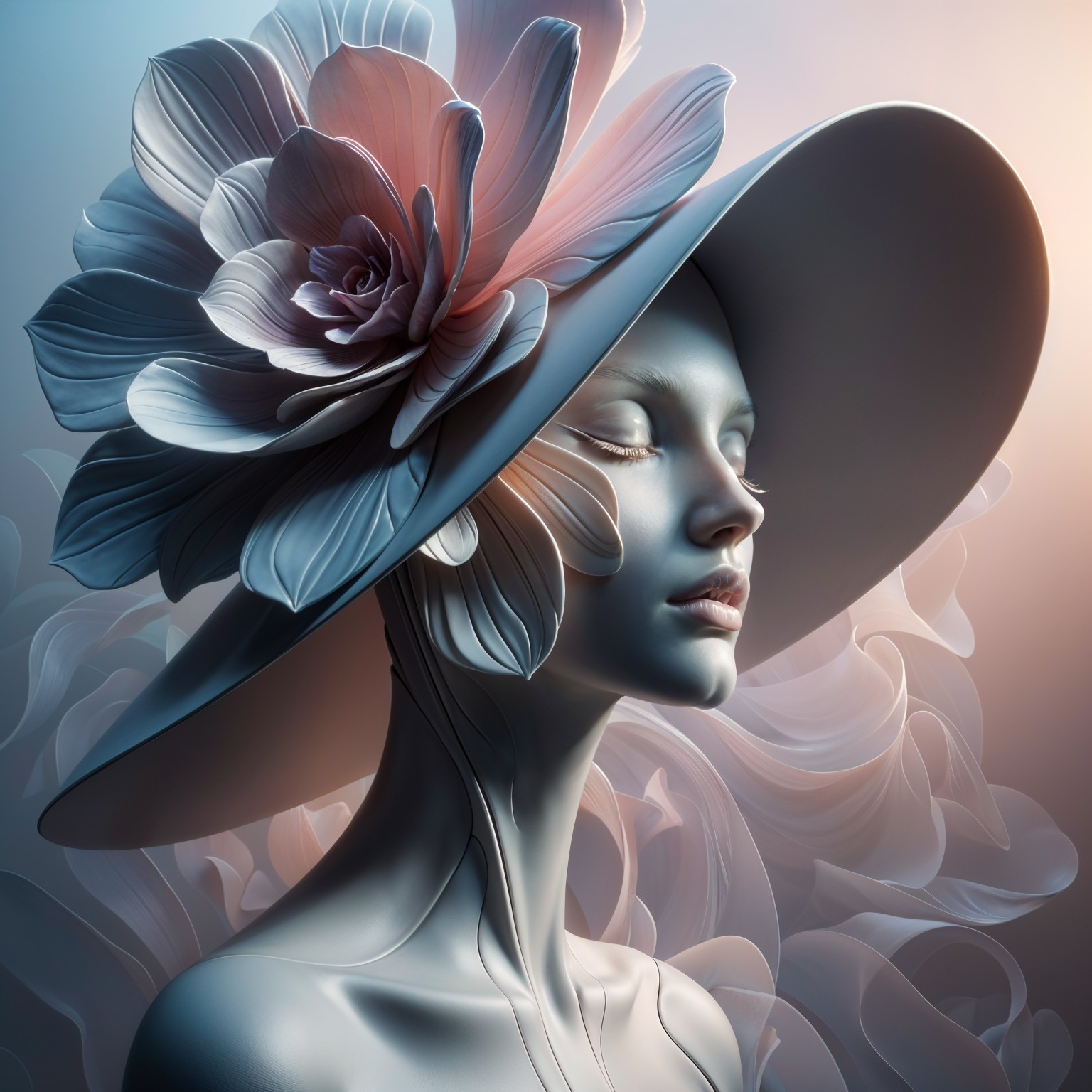 Abstract Sculpture of a Woman with Floral Hat Elements