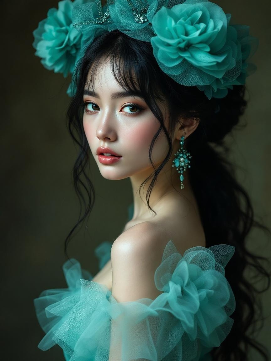 Elegant Woman in Turquoise Gown with Floral Accents