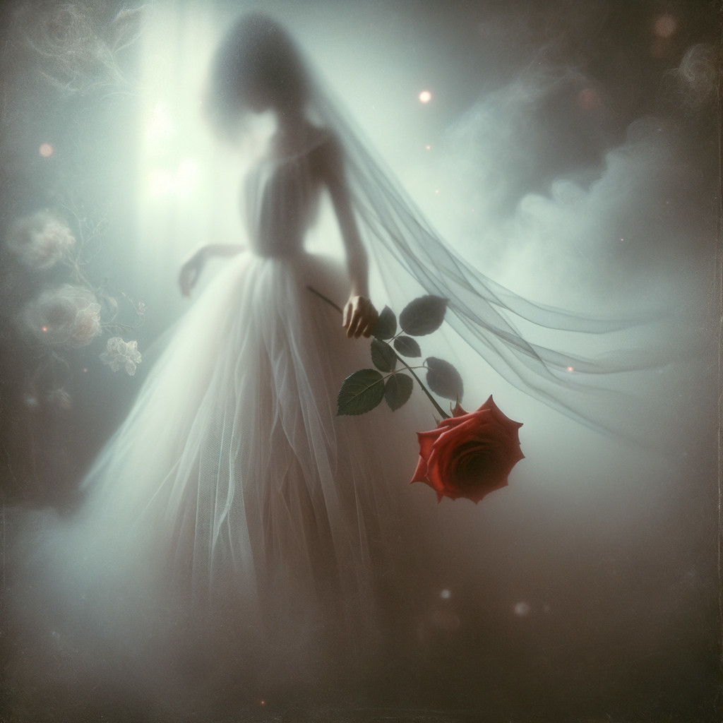 Ethereal Figure in White Gown with Red Rose in Mist