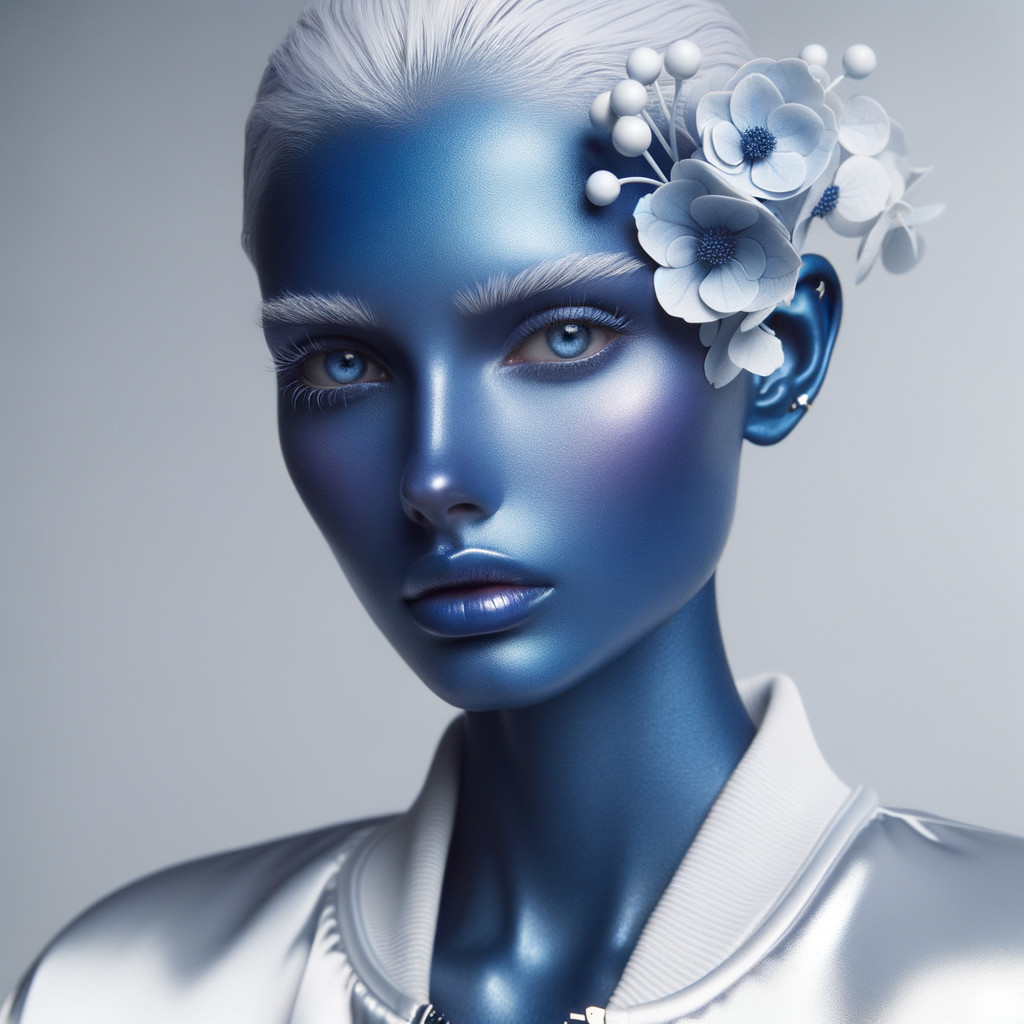 Futuristic Figure with Blue-Toned Face and Silver Jacket