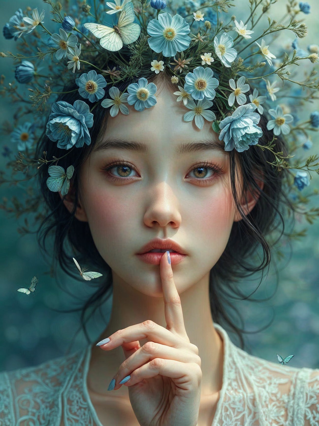 Serene Young Woman with Floral Crown and Butterflies