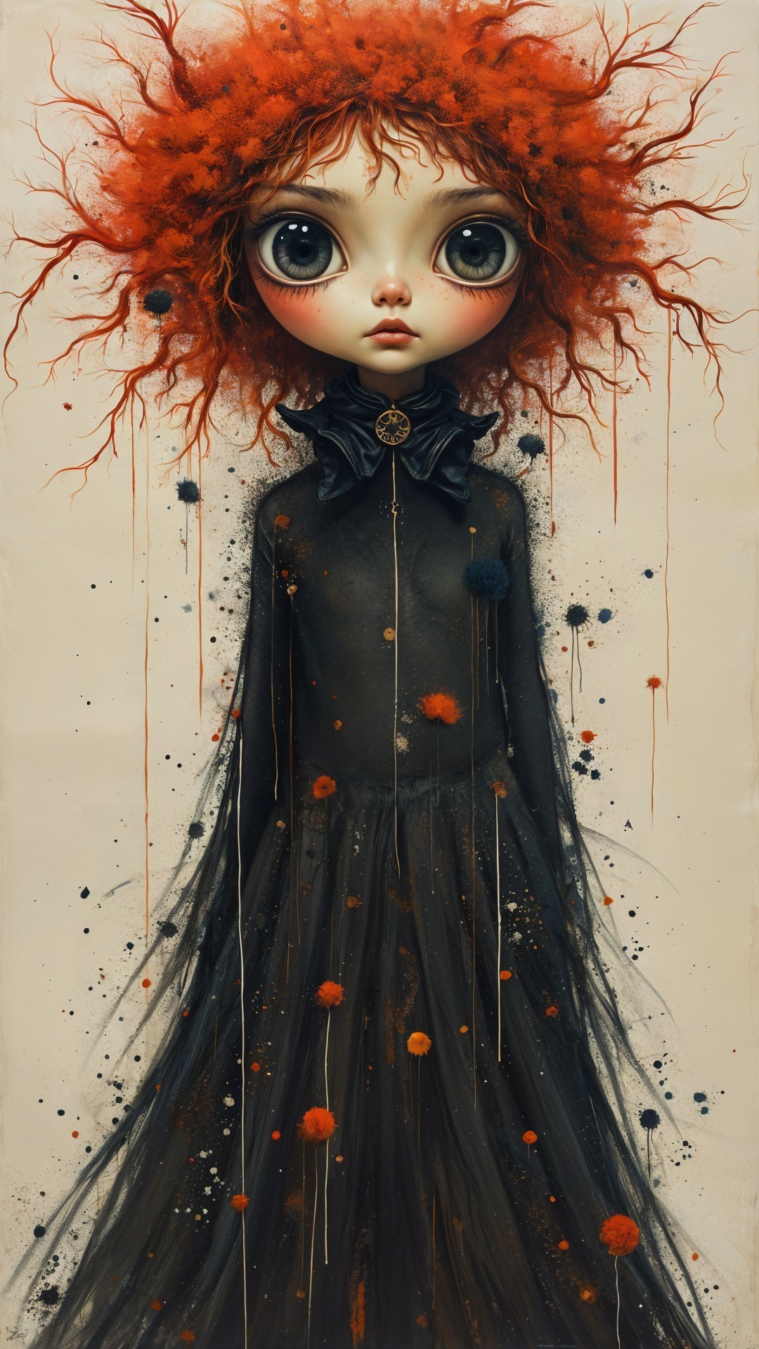 Whimsical Girl in Black Dress with Artistic Background