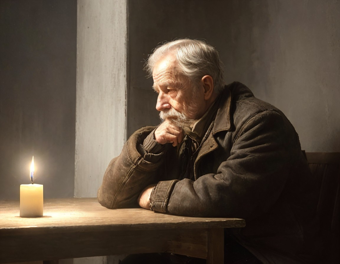 Elderly man with white beard at wooden table with candle in dimly lit room