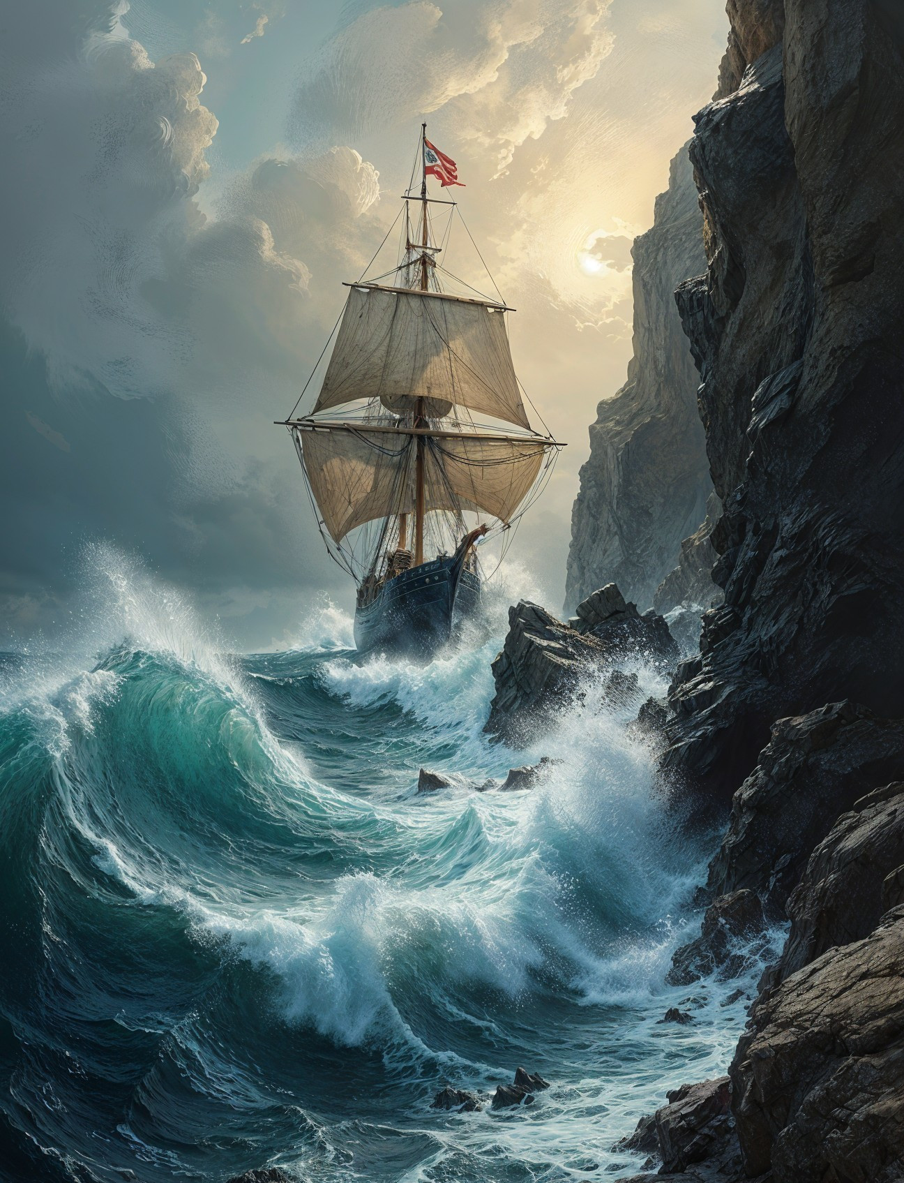 Majestic ship navigating tumultuous ocean waves
